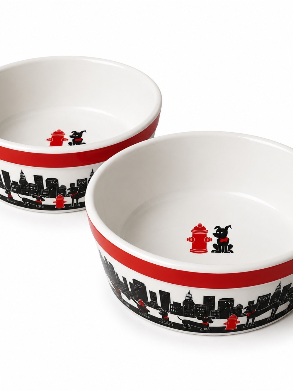 Dog Bowl Set of Two City Pets Red White Black Urban Loft Retro Ceramic Food Big